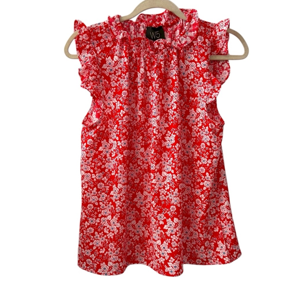 W5 Small Red White Floral Ruffle Neck Sleeveless Blouse Lightweight Top